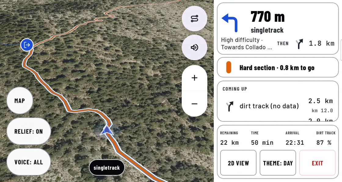 The Corally app navigator on a landscape tablet, tilted view over satellite: the hard section in orange with the road exit marked and, beside it, the next turn, what is left of the hard section and what is coming up.