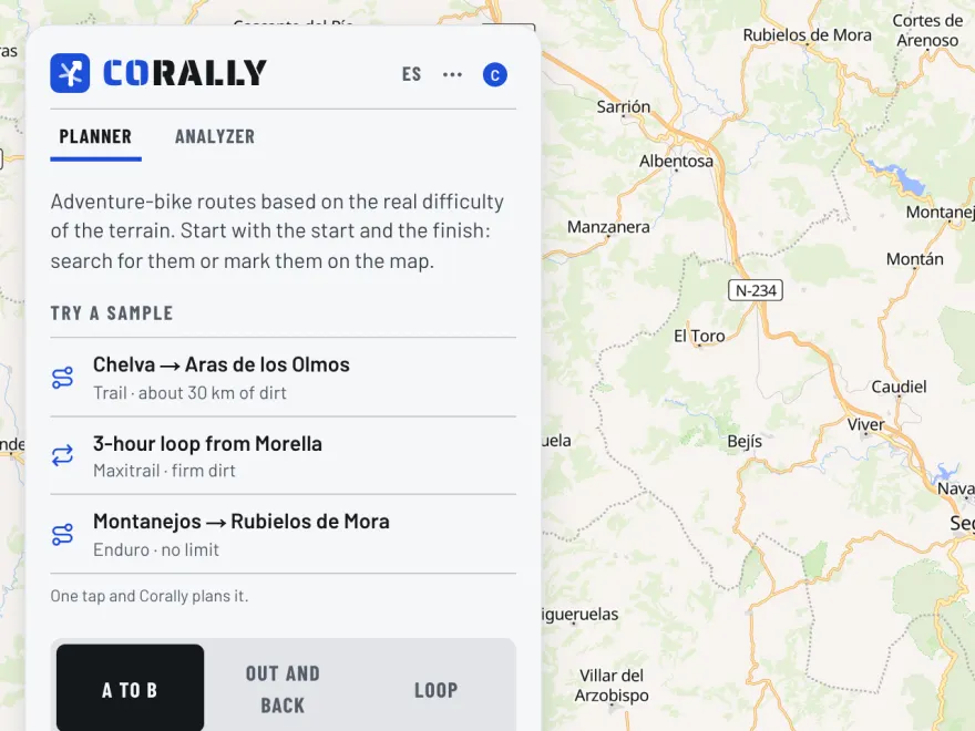 The Corally planner: start, finish, bike profile and maximum difficulty.