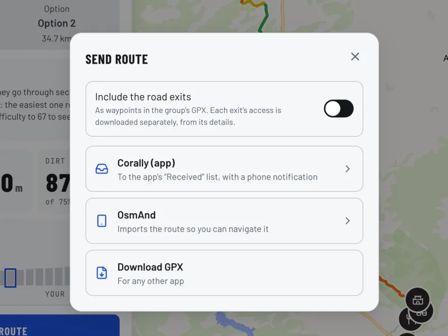 The "Send route" dialog: to the Corally app, to OsmAnd or download the GPX, with the option to include the road exits.
