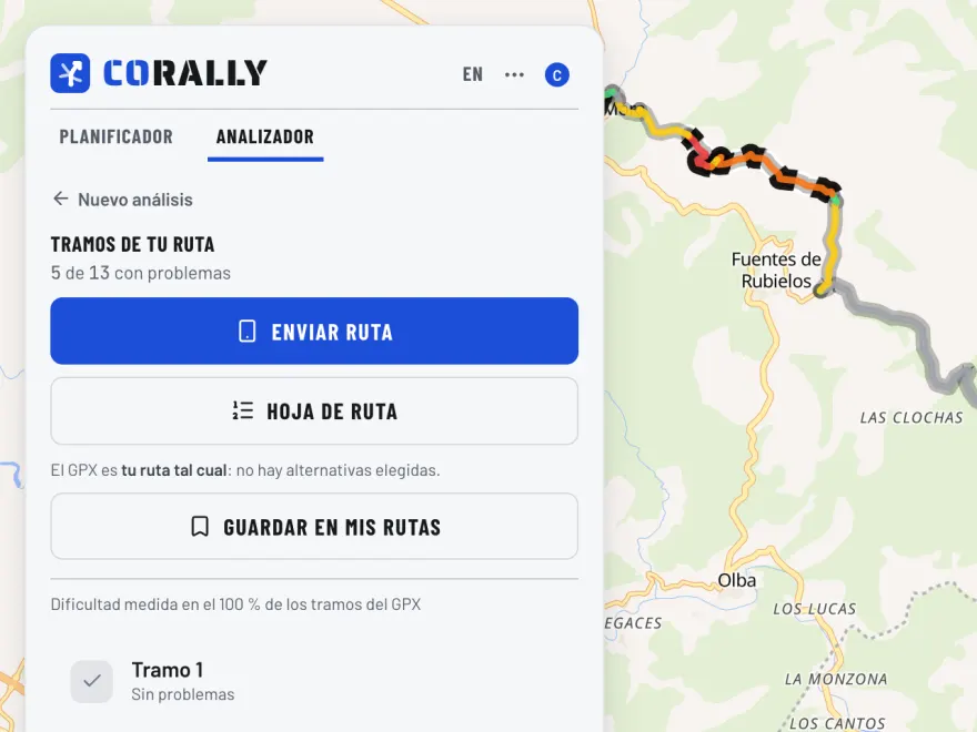 El analizador de Corally con un GPX: tramos problemáticos marcados y sus alternativas.