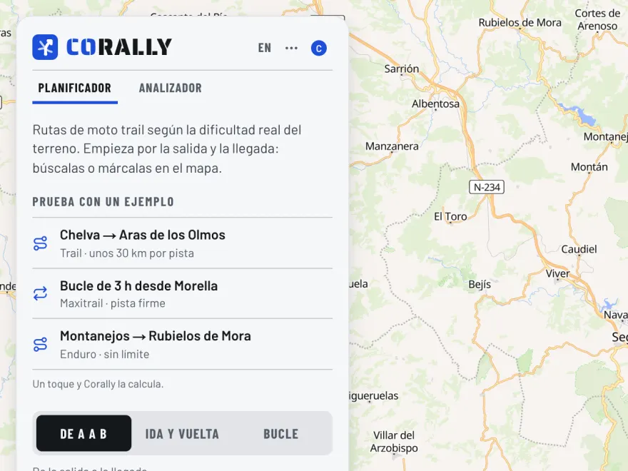 El planificador de Corally: salida, llegada, perfil de moto y dificultad máxima.