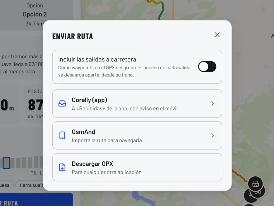 El diálogo «Enviar ruta»: a la app de Corally, a OsmAnd o descargar el GPX, con la opción de incluir las salidas a carretera.